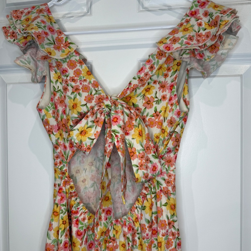 Altar'd State Mini Dress Pink Yellow Floral Tie Back Ruffle Size XS - Picture 6 of 9